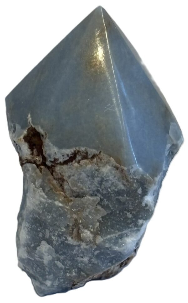 Natural rough angelite freeform with polished point 1 sians emporium Natural rough angelite freeform crystal with unpolished sides and a smooth polished blue point standing on a white background